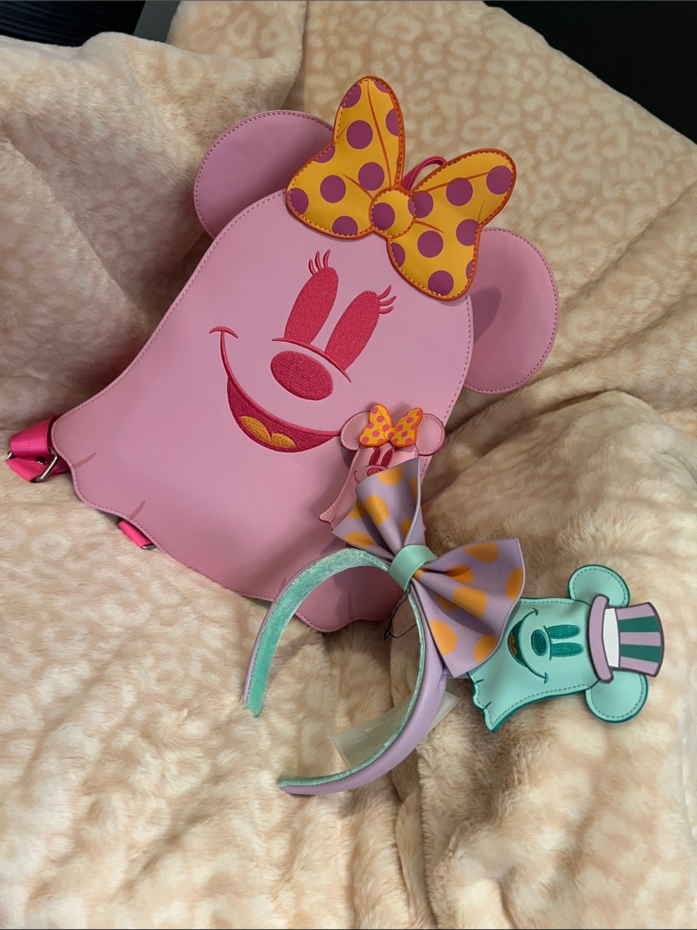 Loungefly Pink Minnie Mouse Ghost Backpack with Polka Dot Bow and Ears